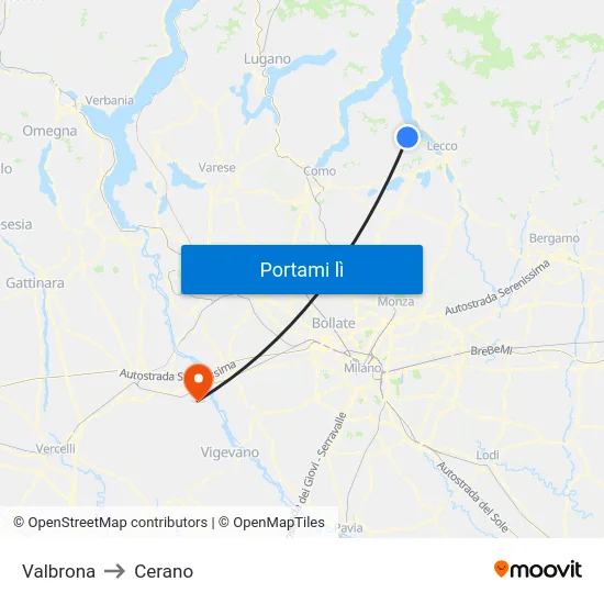 Valbrona to Cerano map