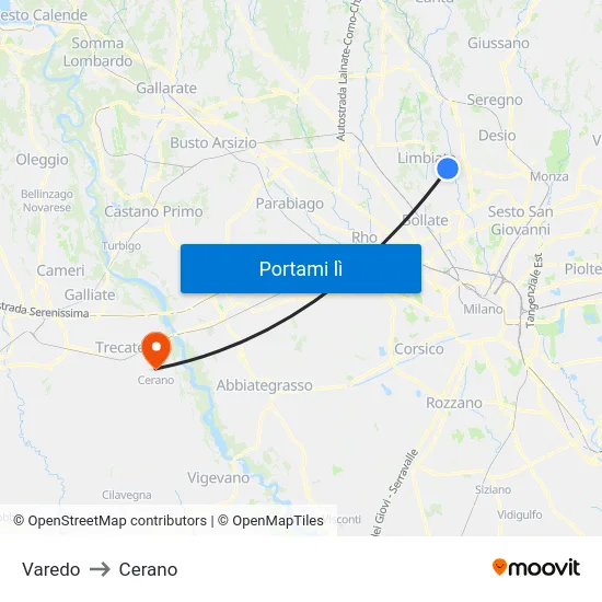 Varedo to Cerano map
