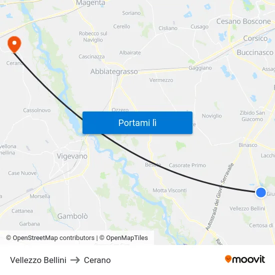 Vellezzo Bellini to Cerano map