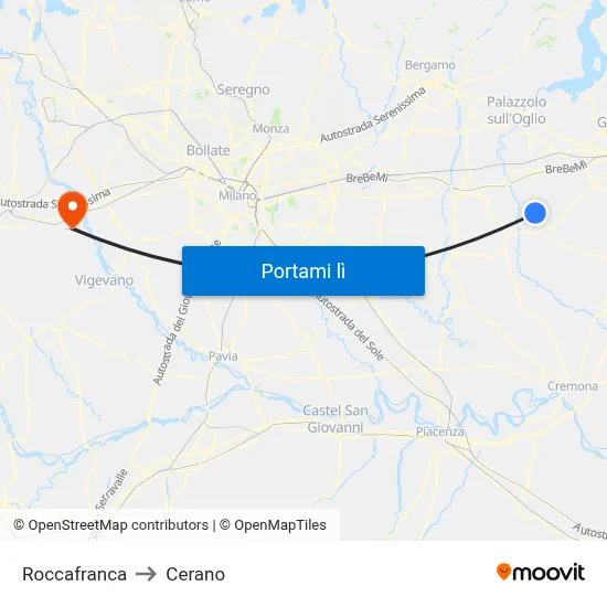 Roccafranca to Cerano map