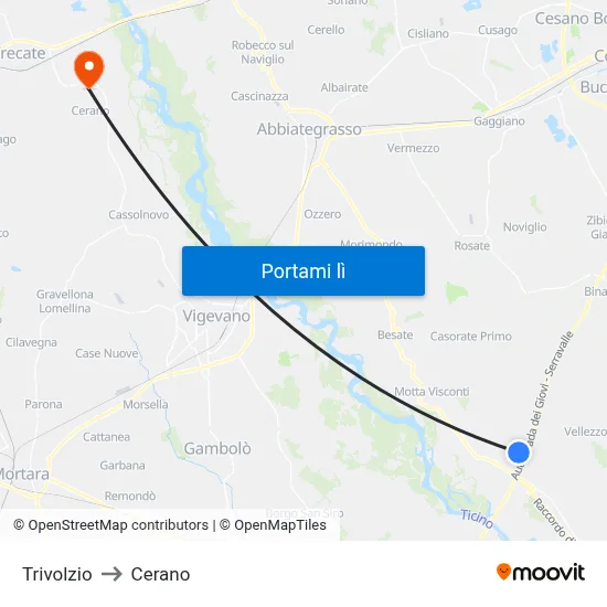 Trivolzio to Cerano map