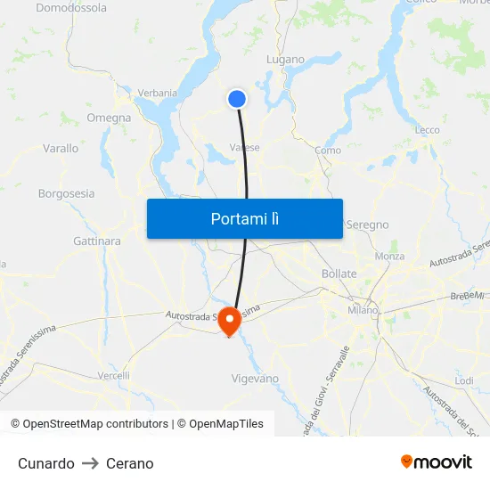 Cunardo to Cerano map