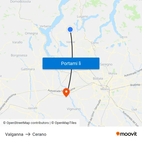 Valganna to Cerano map
