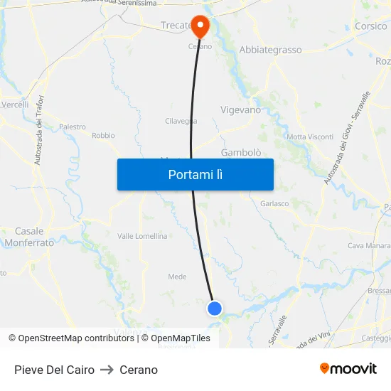 Pieve Del Cairo to Cerano map