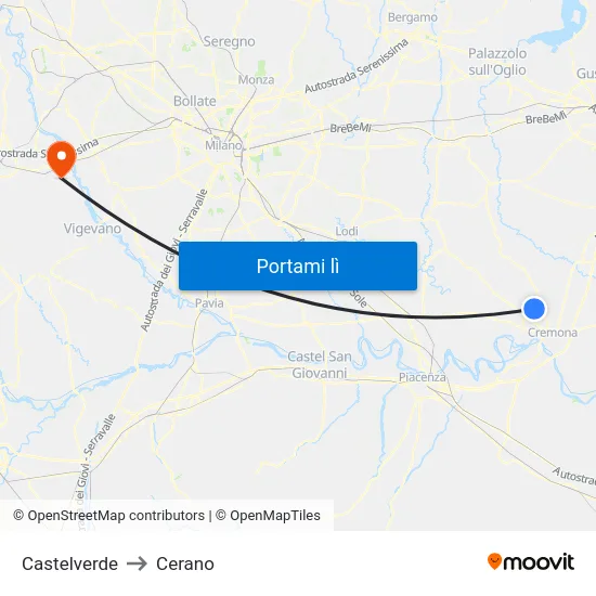 Castelverde to Cerano map