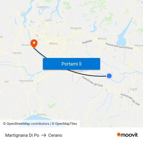 Martignana Di Po to Cerano map