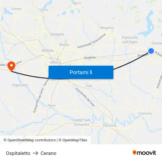 Ospitaletto to Cerano map