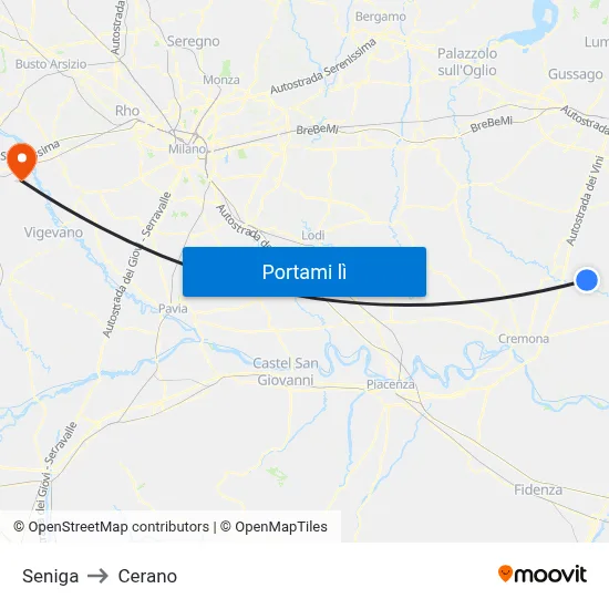 Seniga to Cerano map