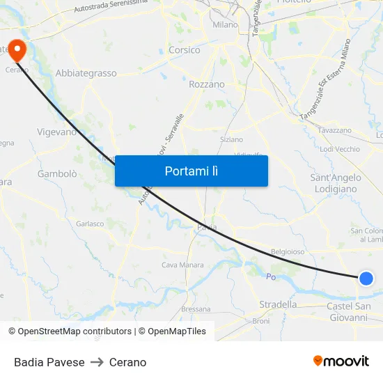 Badia Pavese to Cerano map