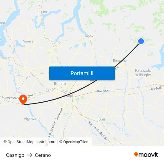 Casnigo to Cerano map