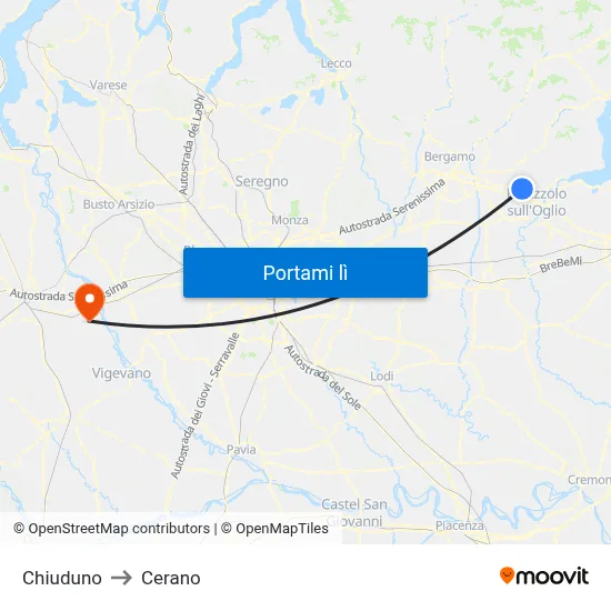 Chiuduno to Cerano map