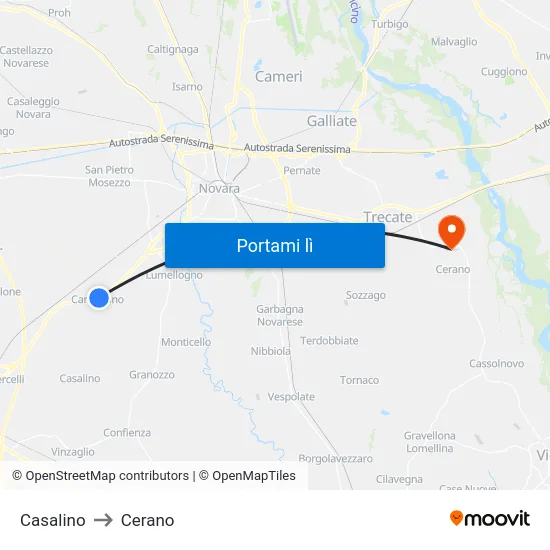 Casalino to Cerano map