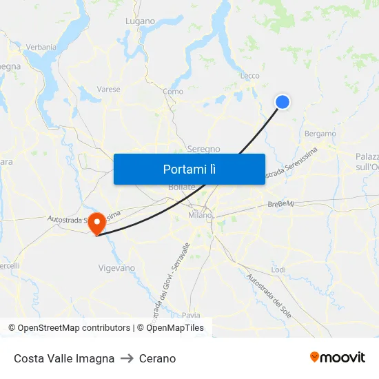Costa Valle Imagna to Cerano map