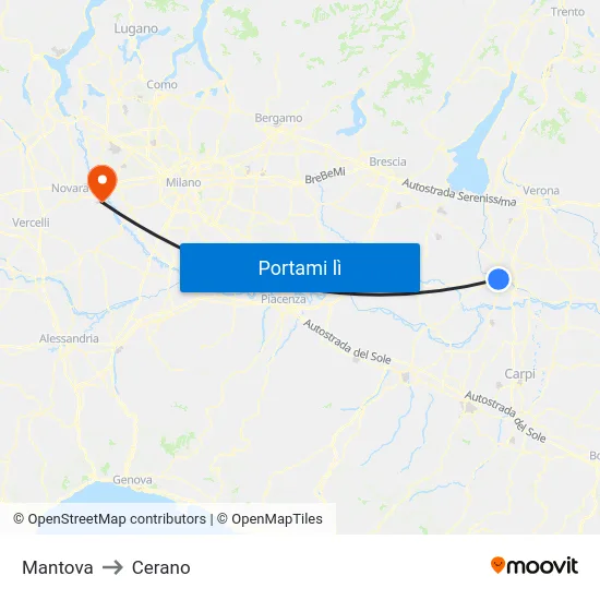 Mantova to Cerano map