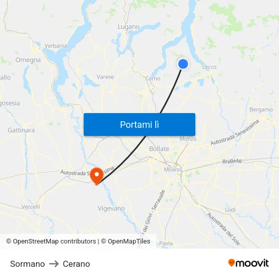 Sormano to Cerano map