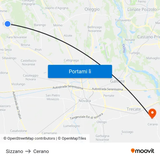 Sizzano to Cerano map