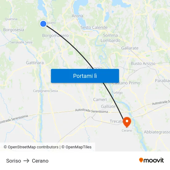 Soriso to Cerano map