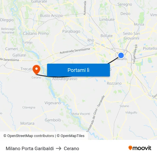 Milano Porta Garibaldi to Cerano map