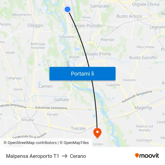 Malpensa Aeroporto T1 to Cerano map