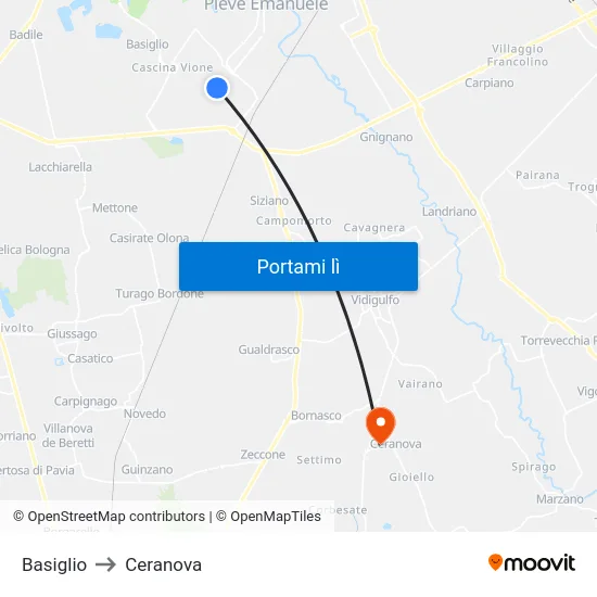 Basiglio to Ceranova map