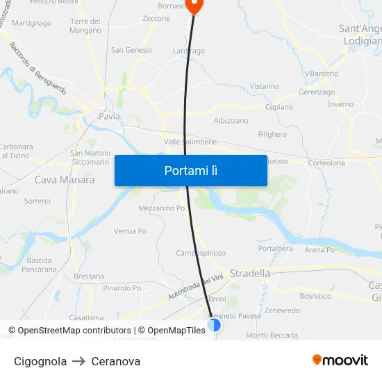 Cigognola to Ceranova map