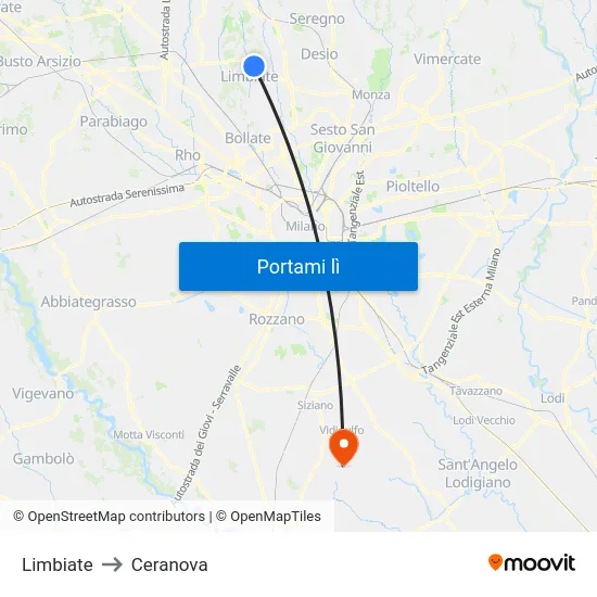 Limbiate to Ceranova map