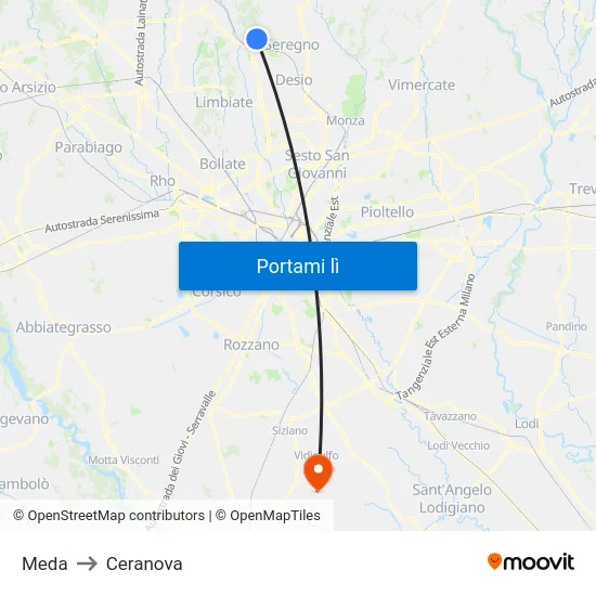 Meda to Ceranova map