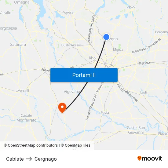 Cabiate to Cergnago map