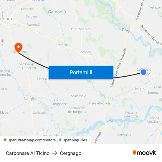 Carbonara Al Ticino to Cergnago map