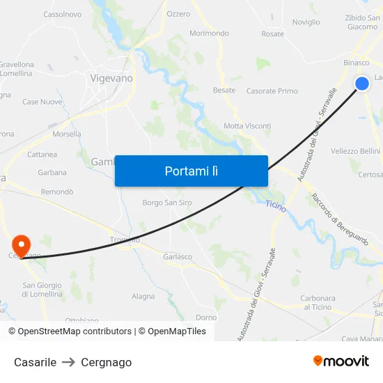 Casarile to Cergnago map