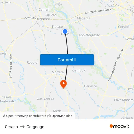 Cerano to Cergnago map