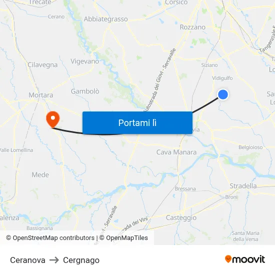 Ceranova to Cergnago map