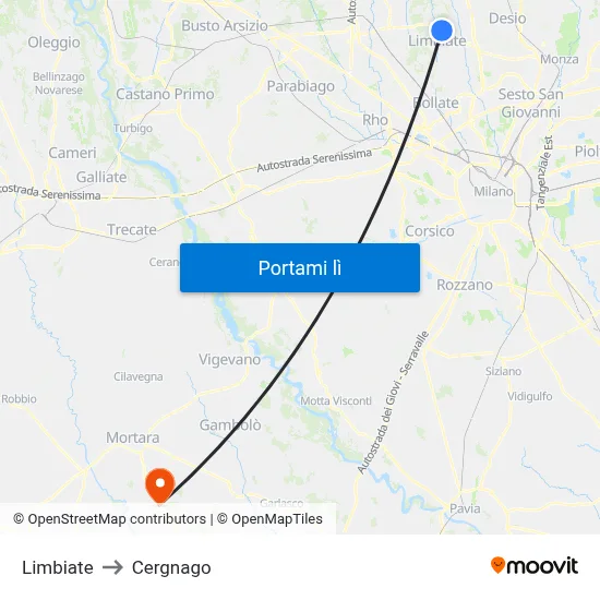 Limbiate to Cergnago map