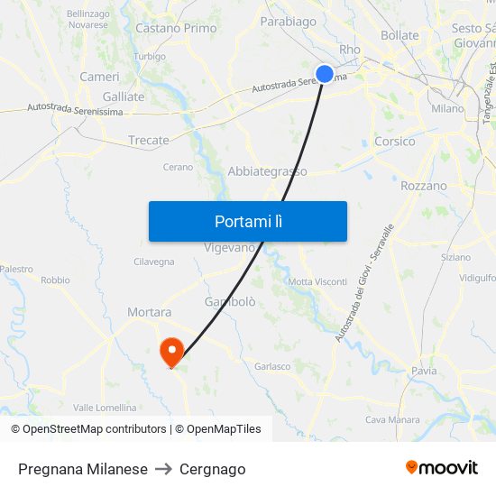 Pregnana Milanese to Cergnago map