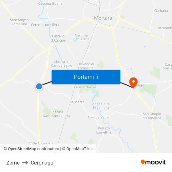 Zeme to Cergnago map