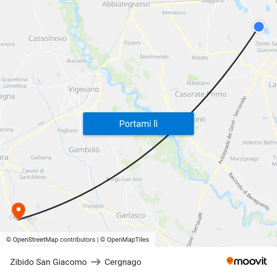 Zibido San Giacomo to Cergnago map