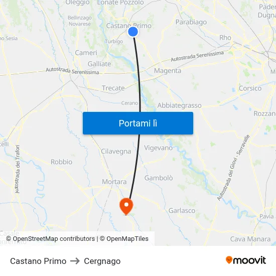 Castano Primo to Cergnago map