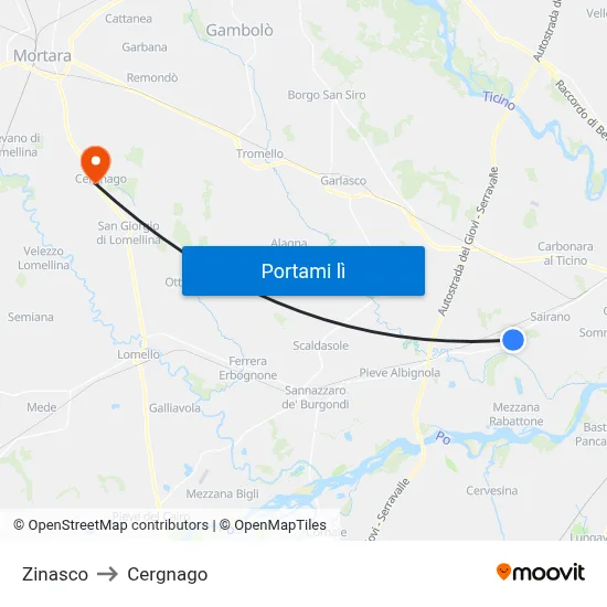 Zinasco to Cergnago map