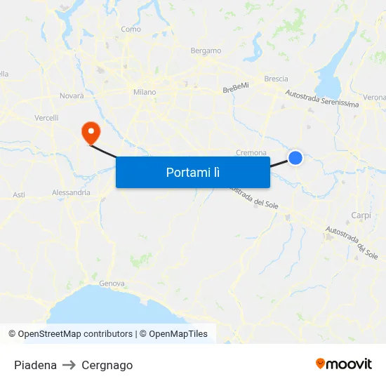 Piadena to Cergnago map