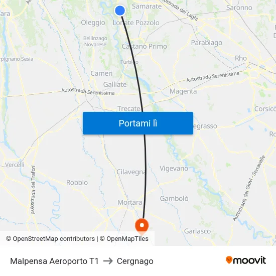 Malpensa Aeroporto T1 to Cergnago map