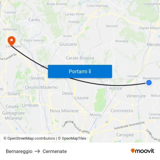 Bernareggio to Cermenate map