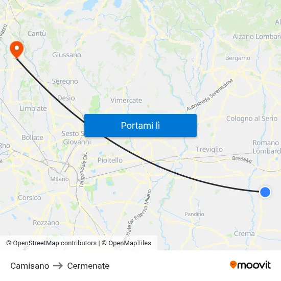 Camisano to Cermenate map