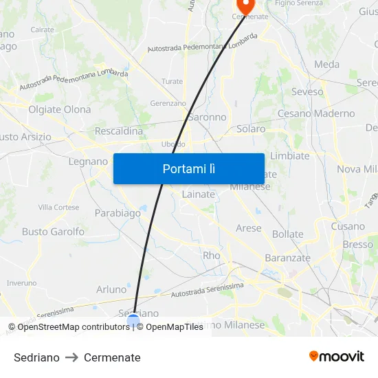 Sedriano to Cermenate map