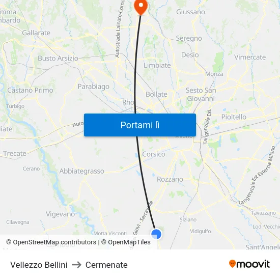 Vellezzo Bellini to Cermenate map