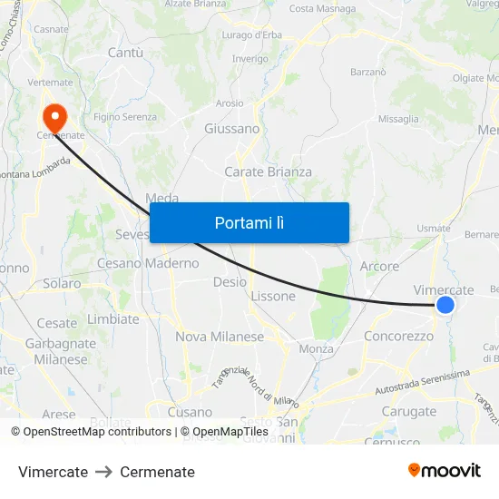 Vimercate to Cermenate map