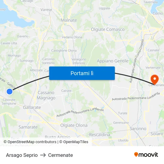 Arsago Seprio to Cermenate map