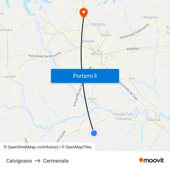 Calvignano to Cermenate map