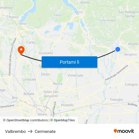 Valbrembo to Cermenate map