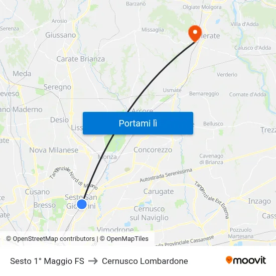 Sesto 1° Maggio FS to Cernusco Lombardone map