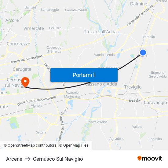 Arcene to Cernusco Sul Naviglio map